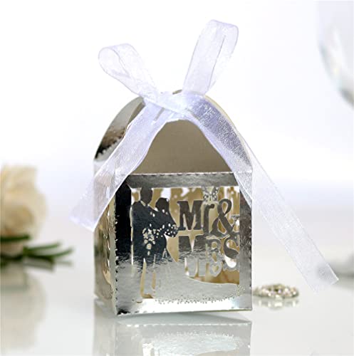 Geschenkbox, Verpackung, Hochzeitsbevorzugungsschachteln aus Papier, Süßigkeiten-Box, hohle Mr&Mrs-Geschenkbox for Brautparty, Babyparty, Weihnachtsfeier, 50 Stück (Color : Silver)