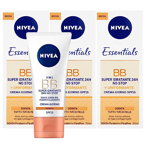 Nivea Essentials BB Cream Pigment-Tagescreme, 24 Stunden, No Stop SPF 15, einheitliche Aufhellung mit Jojobaöl und Mineralien, Goldton für alle Hauttypen – 3 Flaschen à 50 ml