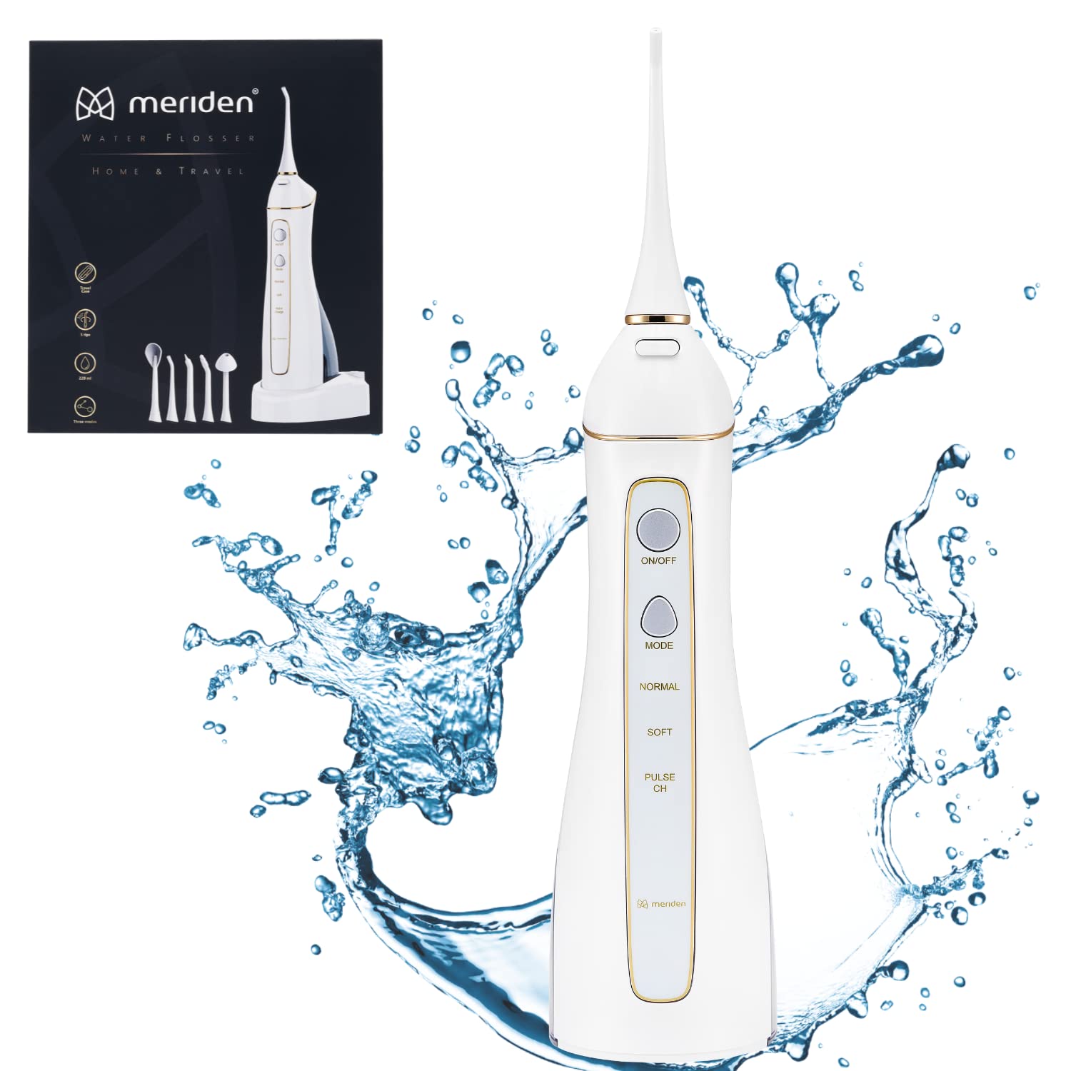 Meriden Munddusche Kabellos Irrigator Home & Travel Wasser Flosser für Zähne Elektrische Zahnreiniger mit 3 Modi 5 Ersatzdüsen Tragbar USB Reise-Etui