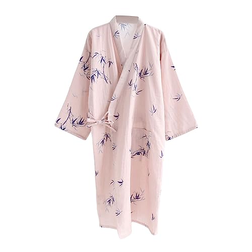 G-LIKE Japanischer Kimono Nachthemd Bademantel – Traditioneller Haori Yukata Stil 100% Baumwolle Frühling Sommer Hauskleid Saunamantel Leicht Dünn Nachtwäsche für Damen Herren (Rosa-Damen, M)