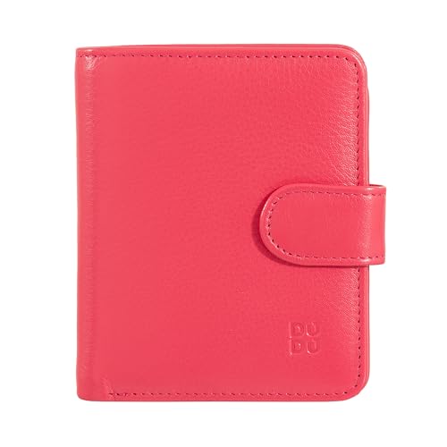 DuDu Damen Portemonnaie aus Leder mit Reißverschluss, kompaktes Portemonnaie mit Knopfverschluss, Geldscheinfach, Kartenhalter und RFID-Schutz Himbeere