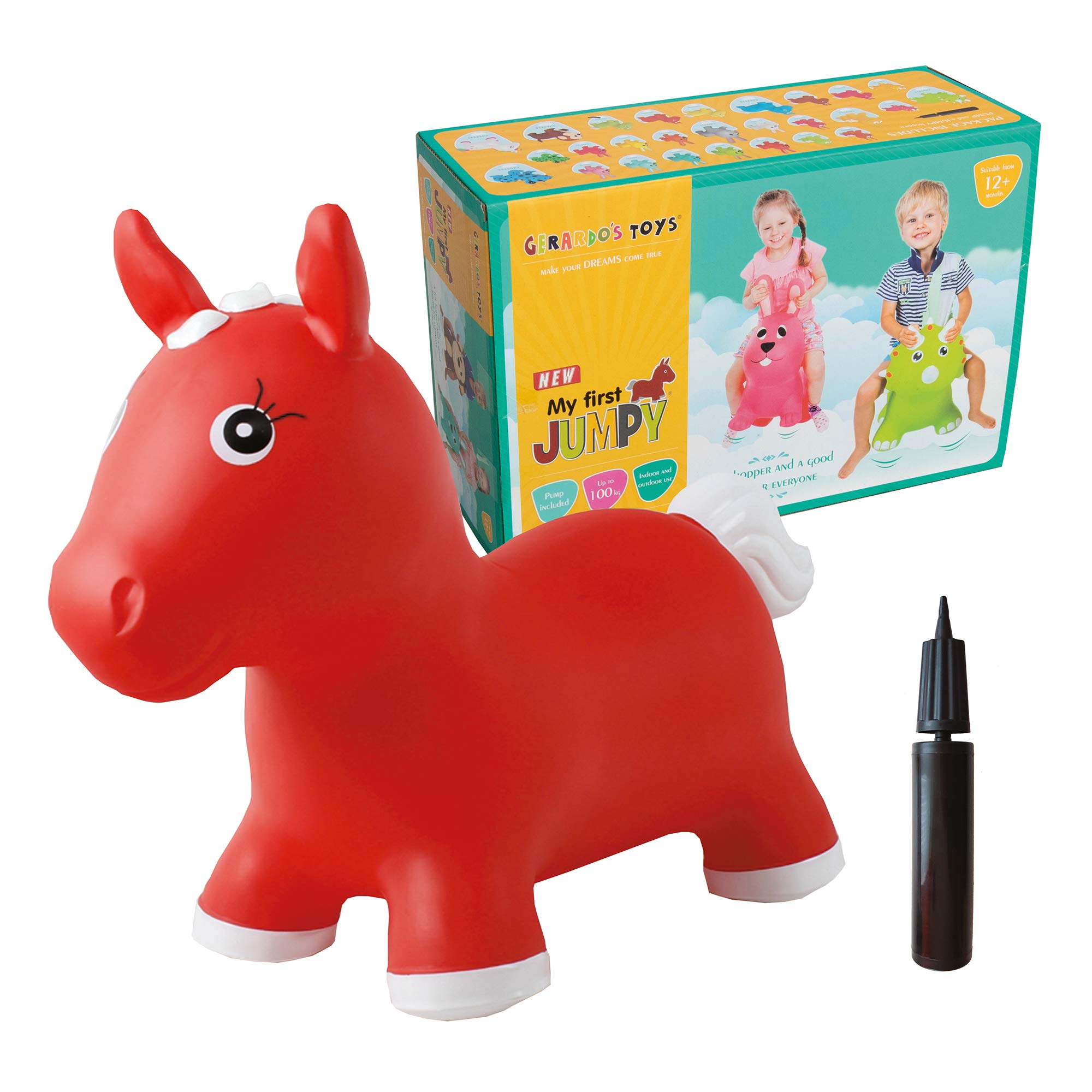 GERARDO'S Toys Hüpftier Rot Pferd - Hüpftiere ab 2 Jahr und ab 3 Jahre - Hüpftier Kinder - Aufblasbare Tiere Spielzeug Draussen oder Drinnen für Kleinkinder ab 12 Monaten - Inklusive Luftpumpe