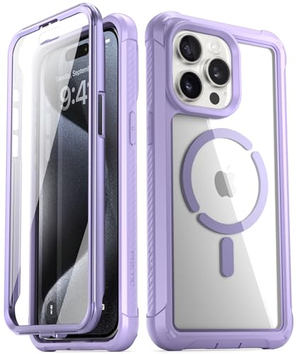 Poetic Guardian MagPro Hülle Kompatibel mit iPhone 15 Pro 6,1 Zoll,[Kompatibel mit MagSafe], Full-Body Hybrid Stoßfeste Schutzhülle Clear Cover Hülle mit integrierter Displayschutz, Violett/Klar