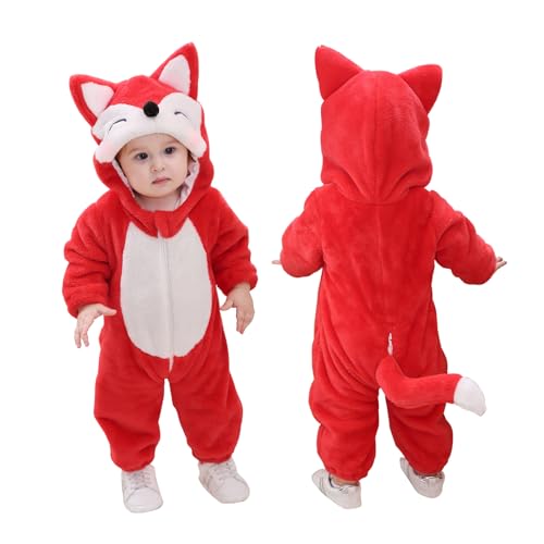 Doladola Unisex Baby Strampler mit Kapuze kinder kostüm Tier für karneval baby jumpsuit für Jungen Mädchen (12-18 Monate,Rotfuchs)