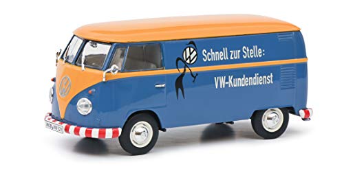 Schuco 450785500 T1b Kastenwagen, VW Kundendienst, Modellauto, Maßstab 1:32, blau/orange