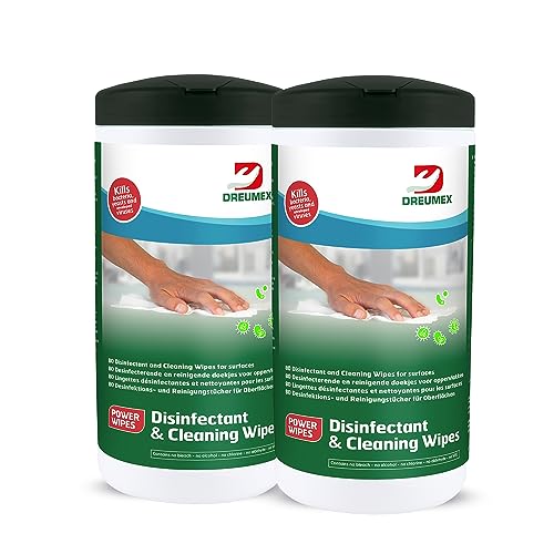 Dreumex Desinfizierende Reinigungstücher - 2 Boxen x 80 Feuchttücher - Allzweckreiniger - Flächendesinfektionsmittel - Für den Einsatz im Fitnessstudios, Küche und Mehr - Tötet Bakterien & Viren