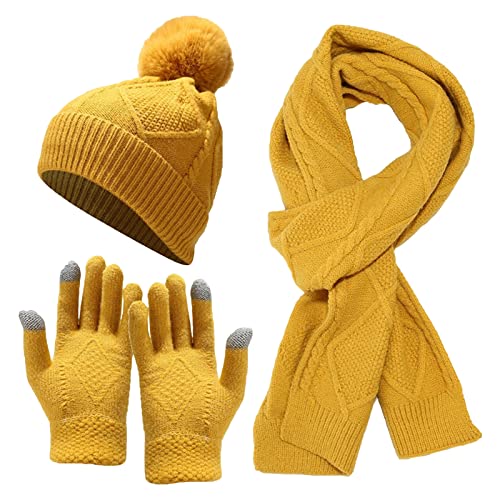 RAILONCH Damen Schal Mütze Handschuhe Set, Warme Winterset Gestrickt Beanie Schnee Hut Strickschal, 3-In-1 Winter-Set (Gelb)
