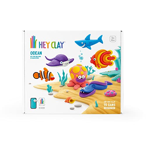 Hey Clay Ocean Modelliermasse, Basis-Set Ocean, 6er Pack mit 15 Farben, 6 Fische mit 2 Werkzeugen, ungiftig