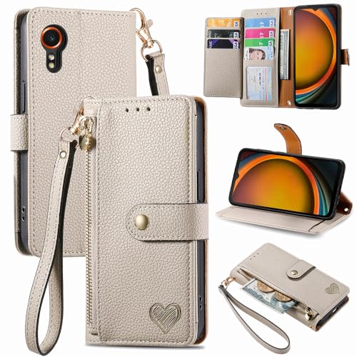 Luxuriöse Schutzhülle mit mehreren Kartenschlitzen, kompatibel mit Samsung Galaxy Xcover7 GalaxyXcover7 SM-G556B, magnetische Klapp-Schutzhülle, Brieftaschen-Clip, Beige