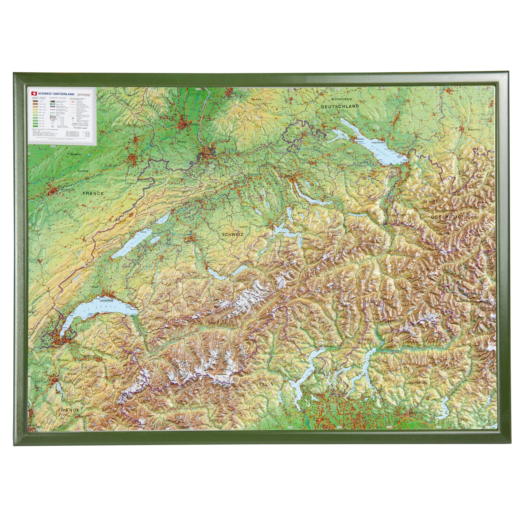 Schweiz 1:500.000 mit Rahmen: Reliefkarte Schweiz mit grünfarbenen Holzrahmen
