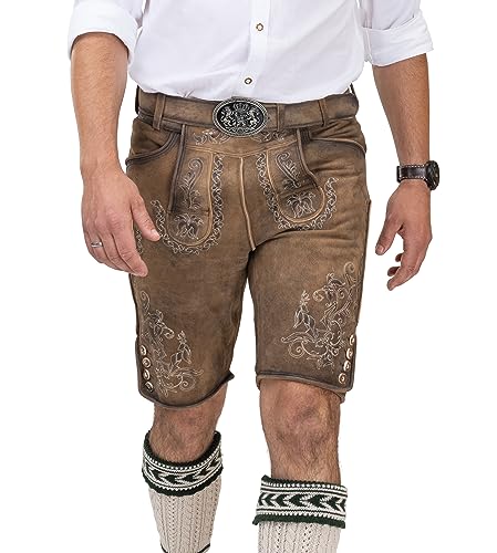 Lederhose Herren kurz - Original Wildbockleder Trachtenlederhose inkl. Trachtengürtel - Vintage Trachtenhose Leon (50)