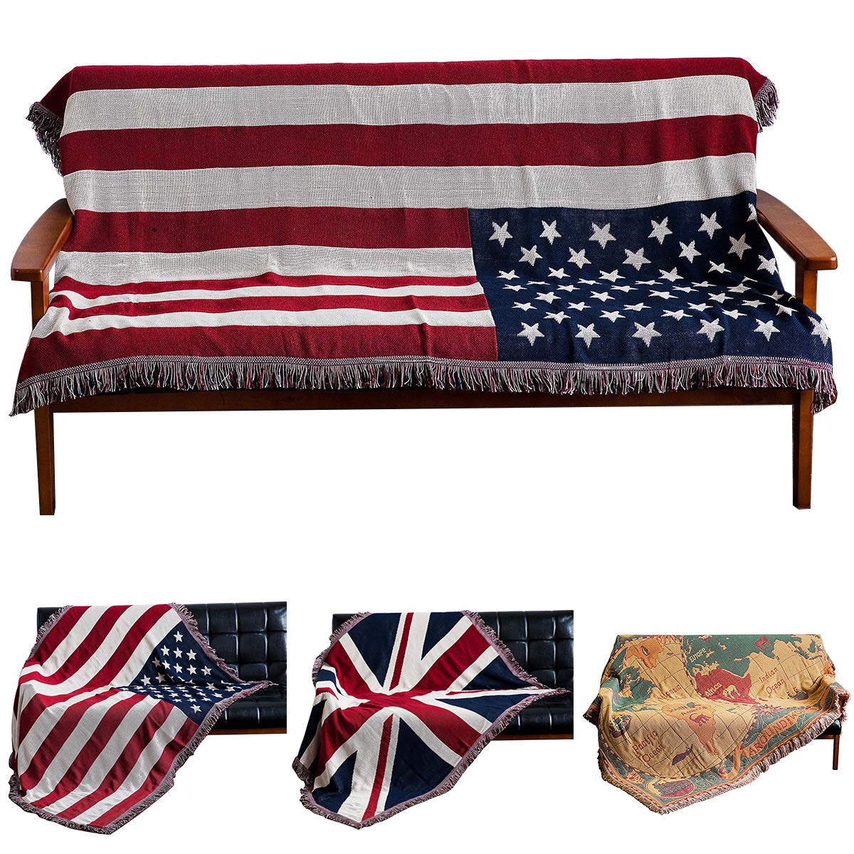 Haokaini Amerikanische Flagge Decken Bett Sofa Couch Abdeckung Baumwolle Strick Wurf Stuhl Decke mit Quasten Tagesdecke Sofa Abdeckung Patriotisch für Hausdekor 130X180cm