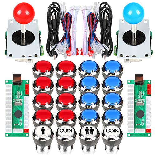 Fosiya 2 Spieler Arcade Joystick LED-Chrom-Drucktasten für PC MAME Raspberry Pi Video-Spiele Arcade Cabinet Parts (Rot & Blau)