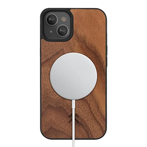 Woodcessories - Magnetisches Bumper Case kompatibel mit iPhone 13, iPhone 14 Hülle mit Magnet aus Holz, Walnuss