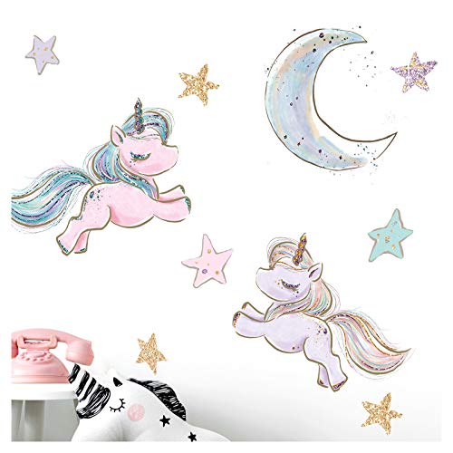 Little Deco Wandaufkleber Einhörner Mond und Sterne I M - 140 x 106 cm (BxH) I Wandtattoo Kinderzimmer Mädchen Babyzimmer Aufkleber Sticker Wandsticker Kinder DL185