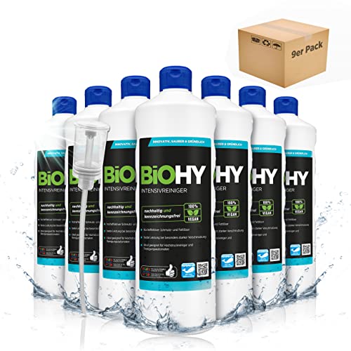 BIOHY Intensivreiniger universal 9 x 1 Liter Flaschen + Dosierer | Hochleistungsindustriereiniger | Grundreiniger ideal für Hochdruckreiniger