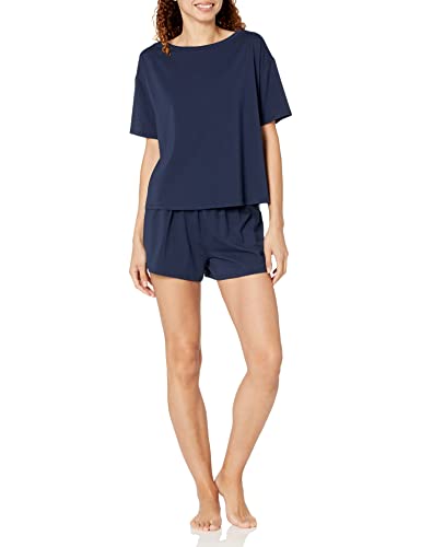 Amazon Aware Damen Set mit kurzärmligem T-Shirt und kurzer Hose aus Baumwollmodal in lockerer Passform (in Übergröße erhältlich), Marineblau, XL
