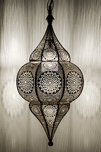 Orientalische Lampe Pendelleuchte Malha 50cm E14 Lampenfassung | Marokkanische Design Hängeleuchte Leuchte aus Marokko | Orient Lampen für Wohnzimmer Küche oder Hängend über den Esstisch (Silber)