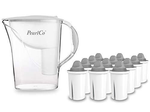 PearlCo - Wasserfilter Standard (weiß) mit 12 Protect+ classic Filterkartuschen (f. hartes Wasser) - passt zu Brita Classic