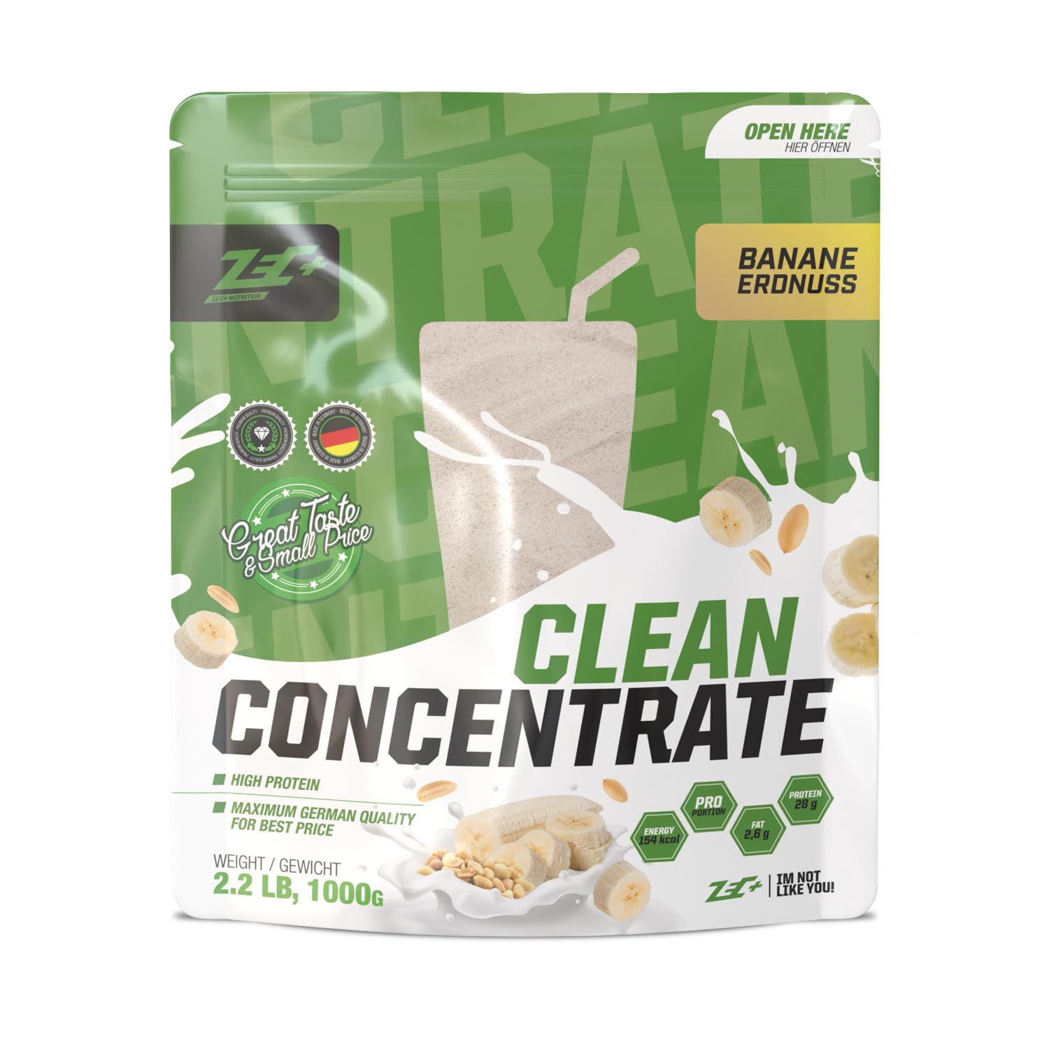 Zec+ Nutrition Clean Concentrate – 1000 g, Geschmack Banane Erdnuss │ Molkenprotein Whey Pulver