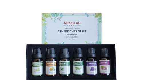 Aktobis Ätherisches Ölset, 100% naturrein, 6 x 10 ml, Lavendel, Thymian, Eukalyptus, Zitronengras, Rosmarin und Bergamotte