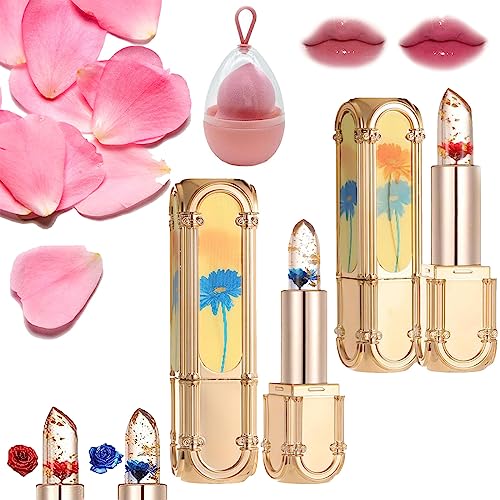 Donubiiu Oncemetstore Lipstick, Crystal Jelly Flower Lipstick, Crystal Jelly Flower Color Changing Lipstick, Changing Color Lipstick, Flower Beauty Lipstick With Flower Inside (2pcs)