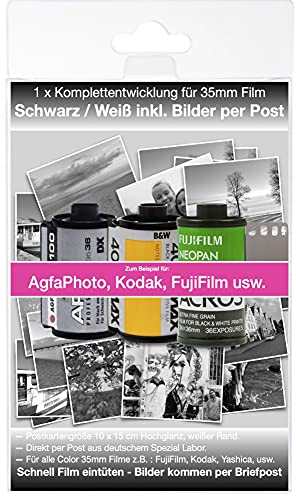 Schwarz/Weiß Foto Komplett Entwicklung per Post - für Kleinbild Schwarz/Weiß Negativ Film bis zu 36 Bilder 10x15 cm Postkartengröße, Bild Daten zusätzlich auf Wunsch per WE Transfer.
