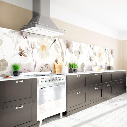 Arcondo Küchenrückwand Spritzschutz Selbstklebend mit Motiv Zartes Blütenaquarell mit Insekten Folie Premium Matt 250 x 50 cm