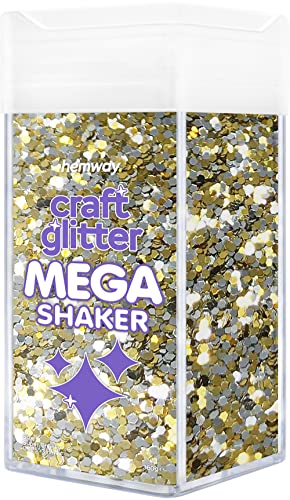 Hemway BULK Glitter 360g / 12.7oz MEGA Craft Shaker Glitter for Nails, Resin, Tumblers, Arts, Crafts, Painting, Festival, Cosmetic, Body - Super Chunky (1/8" 0.125" 3mm) - Gold Silver