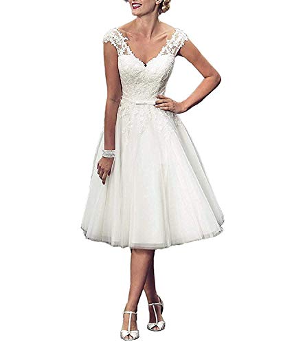 Carnivalprom Damen A-Linie V-Ausschnitt Hochzeitskleid Brautkleid Kurz Standesamt Rückenfrei Partykleid(Elfenbein 02,44)