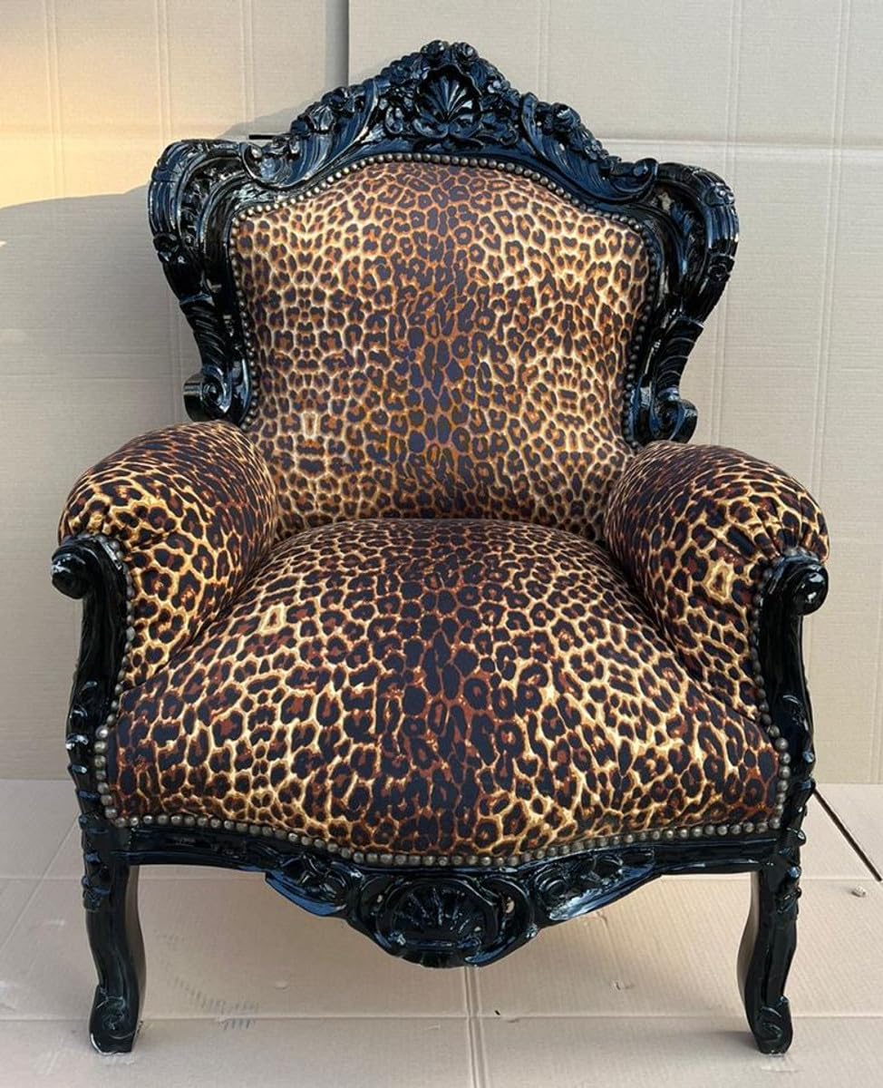 Casa Padrino Barock Sessel Leopard/Schwarz - Prunkvoller Massivholz Wohnzimmer Sessel - Antik Stil Wohnzimmer Sessel - Barock Wohnzimmer Möbel