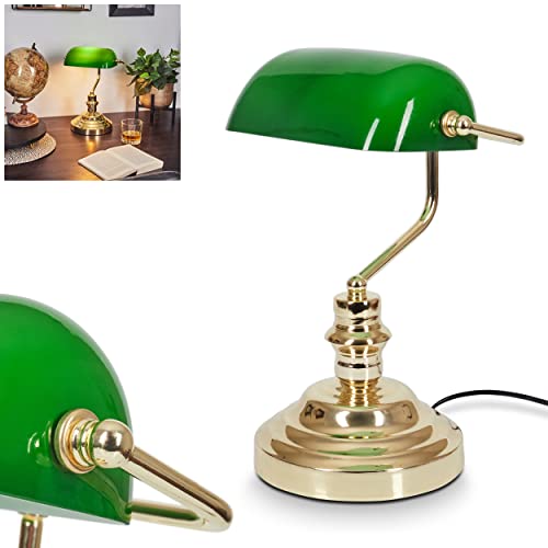 Klassische Bankerlampe, Retro Tischlampe aus Metall in poliertem Messing, Leuchtenschirm aus Glas in Grün, E27-Fassung max. 60 Watt, Tischleuchte für Büro u. Schreibtisch