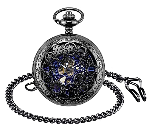 SUPBRO Damen Herren Taschenuhr Retro Zahnrad Analog Mechanische Kettenuhr Uhr mit Halskette Pullover Kette Schwarz