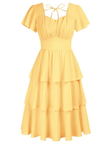 Damen Sommer Vintage Kleid Kurzarm Rüschen A-Linie Saum Midi Kleid Hellgelb M