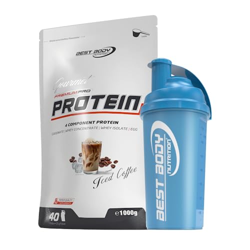 1kg Best Body Nutrition Gourmet 4 Komponenten Protein Eiweißshake - Set inkl. Protein Shaker/Gratiszugabe (Iced Coffee, Best Body Shaker - Blau)