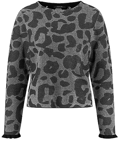 Taifun Damen Pullover mit Leo-Dessin Langarm Pullover Langarm Rundhals Pullover Animal-Print Fog Gemustert 44