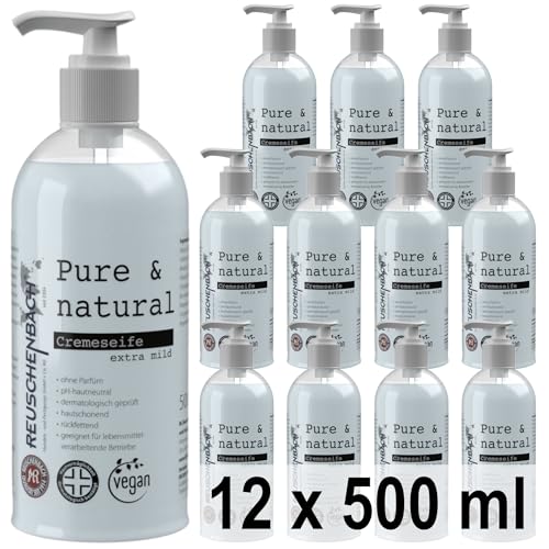 Reuschenbach Cremeseife Pure & natural, vegan und pH-hautfreundlich, 12 x 500 ml, flüssige Handseife in Spenderflasche