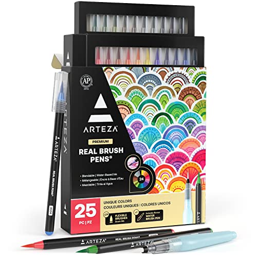 Arteza Pinselstifte, Set mit 24 Stiften in verschiedenen Farben, hochwertige Brush Pen Fasermaler, Aquarell-Pinselstifte auf Wasserbasis, für Kalligraphie, Handlettering, Ausmalen