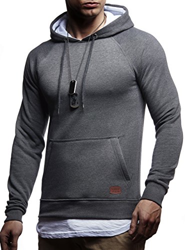 Leif Nelson Herren Kapuzenpullover Slim Fit Baumwolle-Anteil Moderner weißer Herren Hoodie-Sweatshirt-Pulli Langarm Herren schwarzer Pullover-Shirt mit Kapuze LN8125 Anthrazit 2in1 X-Large