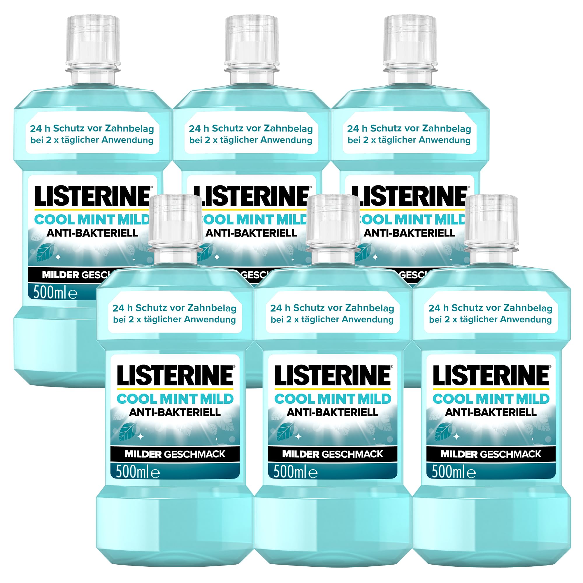 LISTERINE Cool Mint Mild (6 x 500 ml), antibakterielle Mundspülung mit ätherischen Ölen & ohne Alkohol, Mundwasser bekämpft wirksam Bakterien, perfekte Ergänzung zur täglichen Zahnpflege