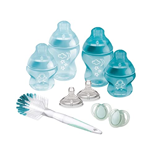 Tommee Tippee Closer to Nature Babyflaschen Starterset, Natürlich geformter Trinksauger mit Anti-Kolik-Ventil, Verschiedene Größen, Blau