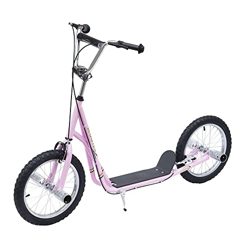 HOMCOM Kinderroller Scooter Tretroller Cityroller Kinder Roller Kickboard ab funf Jahren16 Zoll Rosa 143 x 58 x 92-100 cm