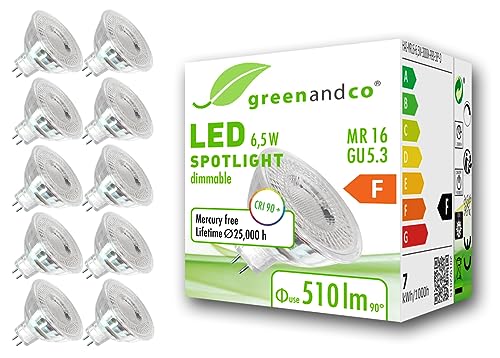 10x greenandco® CRI 90+ MR16 GU5.3 dimmbarer LED Spot, 6,5W 510 lm 38° 3000K warmweiß 12V AC/DC, 2 Jahre Garantie