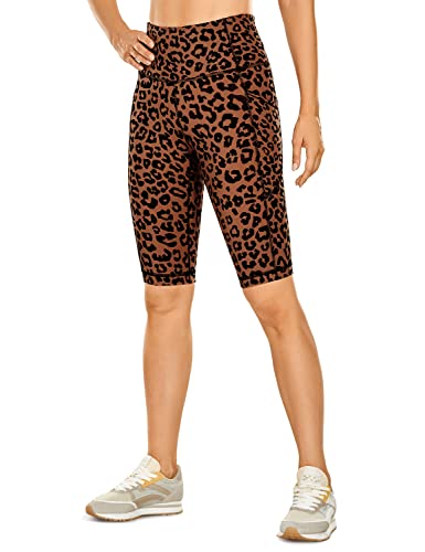 CRZ YOGA Damen Naked Feeling Biker Shorts - 25cm Workout Yoga Shorts Laufhose mit Seitentaschen Orange gelber Leopardenmuster 36