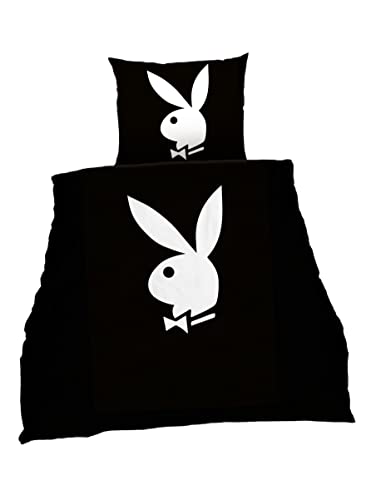 Bettwäsche glatt Playboy Bunny Classic schwarz 100 % Baumwolle Reißverschluss NEU Wow - All-In-One-Outlet-24 - (135 x 200 cm)