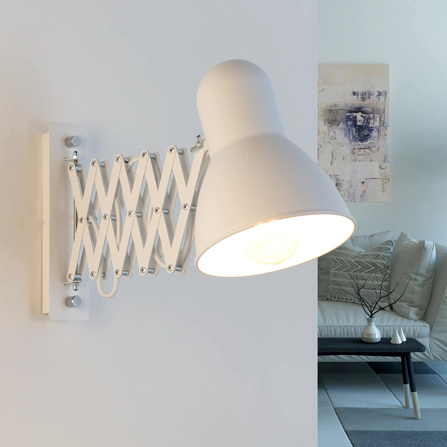 Ausziehbare Wandleuchte in weiß Vintage Stil inkl. 1x 10,5W E27 LED Wandlampe aus Metall für Wohnzimmer Schlafzimmer Lampe Leuchten Beleuchtung innen