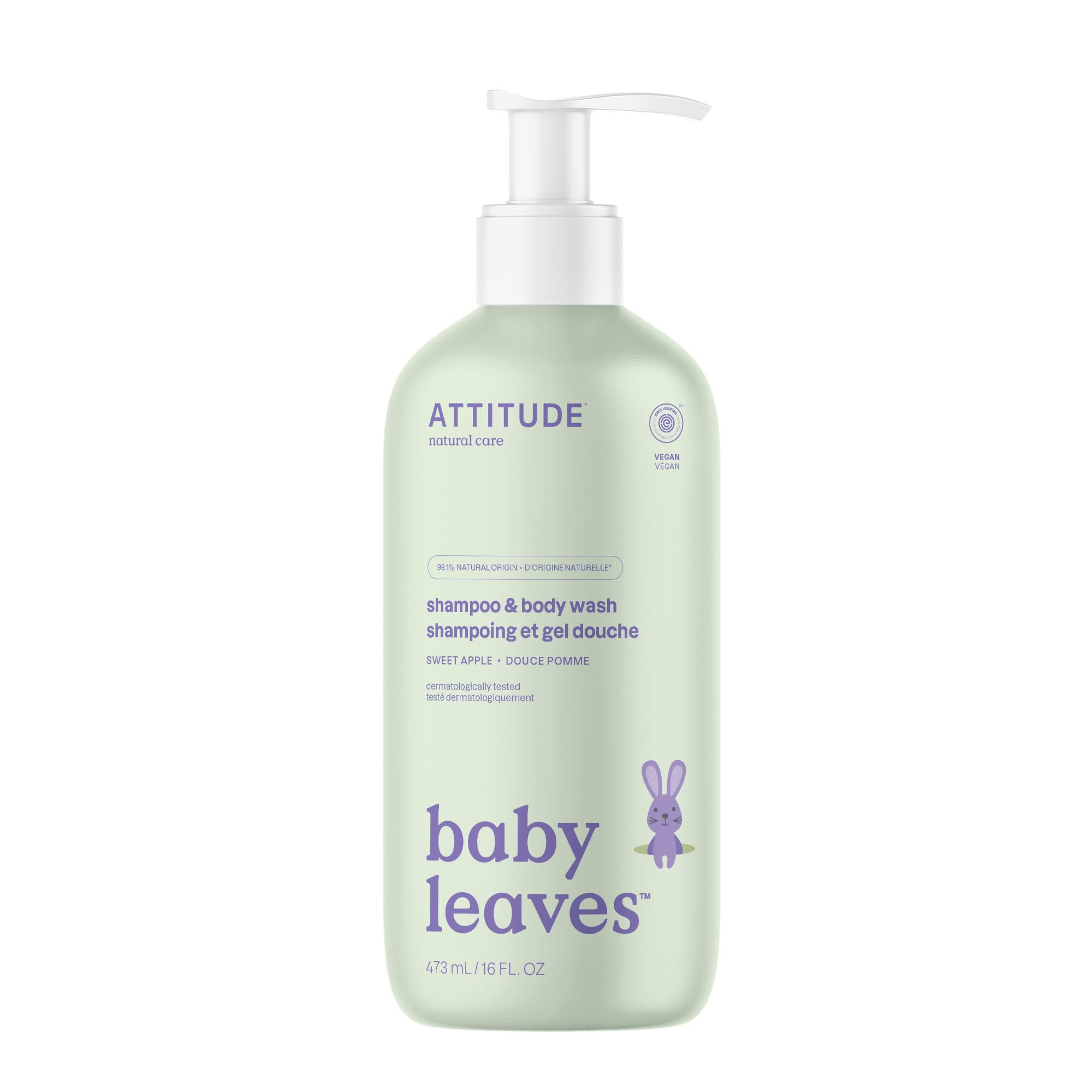 ATTITUDE Baby Shampoo and Body Wash 2-in-1, EWG Safe Hypoallergenic & Vegan, Extra Gentle On Sensitive Skin, Sweet Apple, 16 Fl Oz
