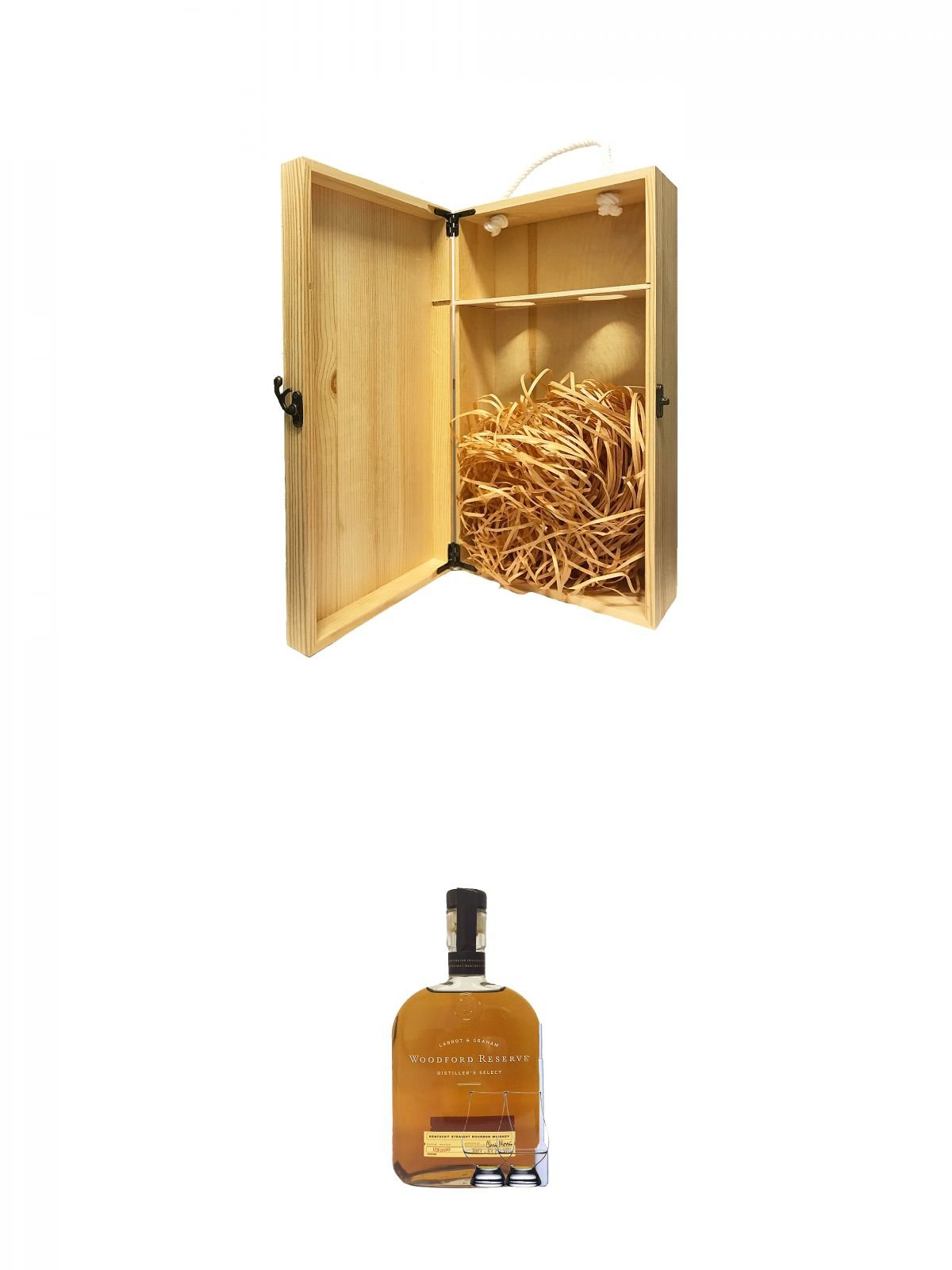 1a Whisky Holzbox für 2 Flaschen mit Hakenverschluss + Woodford Reserve Distillers Select USA 0,7 Liter + 2 Glencairn Gläser + Einwegpipette 1 Stück