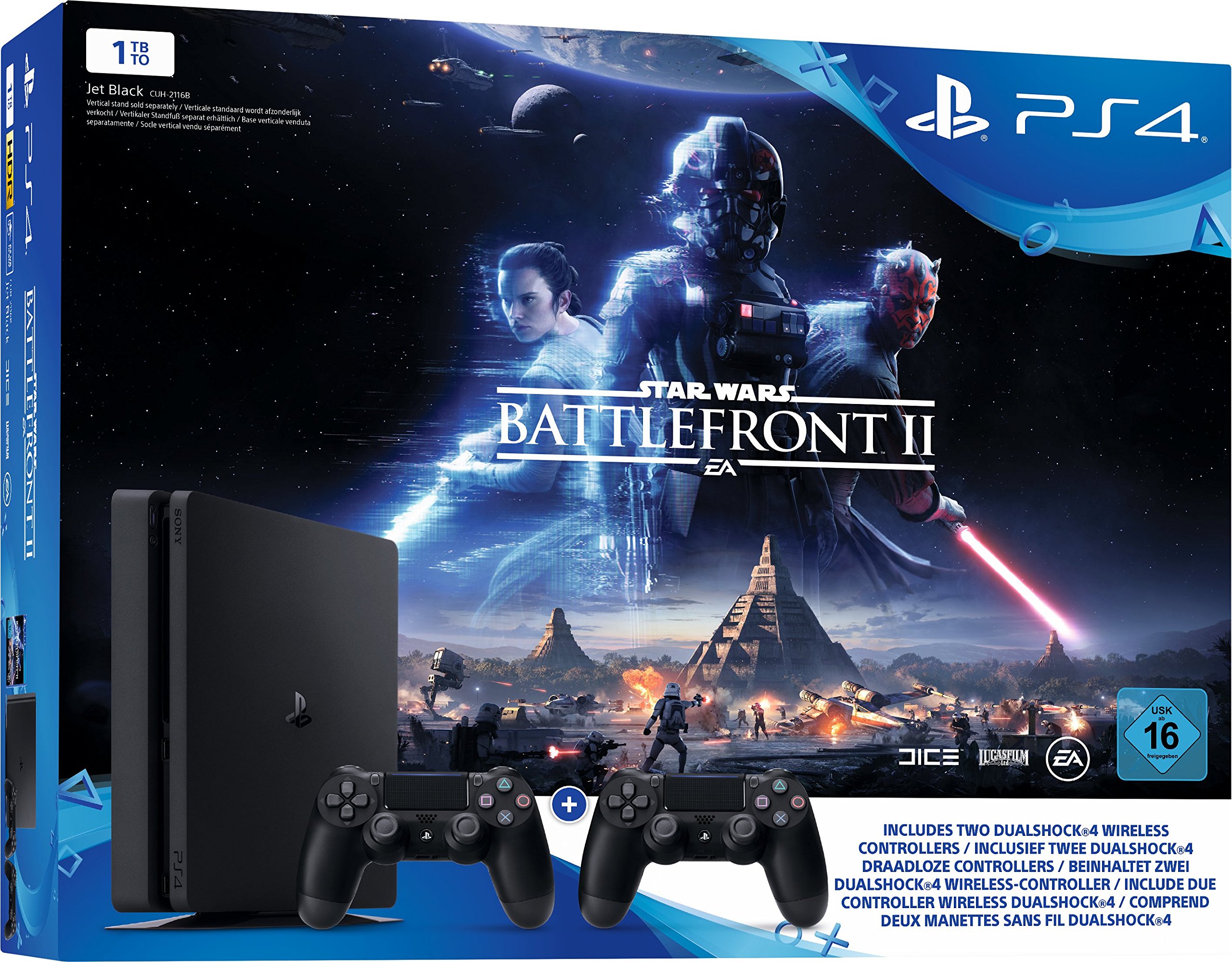 PlayStation 4 - Konsole (1TB, schwarz, slim) inkl. StarWars Battlefront II + 2 DualShock Controller