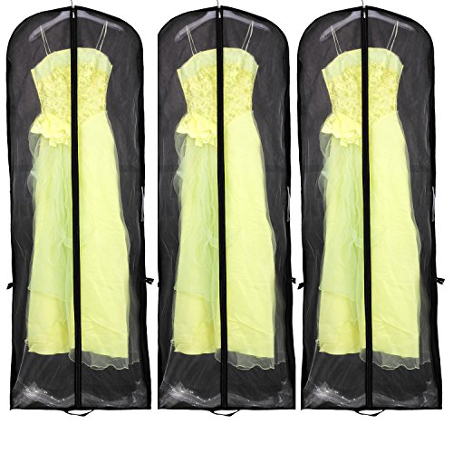 HIMRY [3er Pack Atmungsaktiver Kleidersack Schutzhülle für Brautkleider/Abendkleider/Anzüge/Mäntel, ca. 180 cm - Reissverschluss - Zwei Taschen für Zubehöre, 3X Set, Schwarz, KXB101 Black-3x